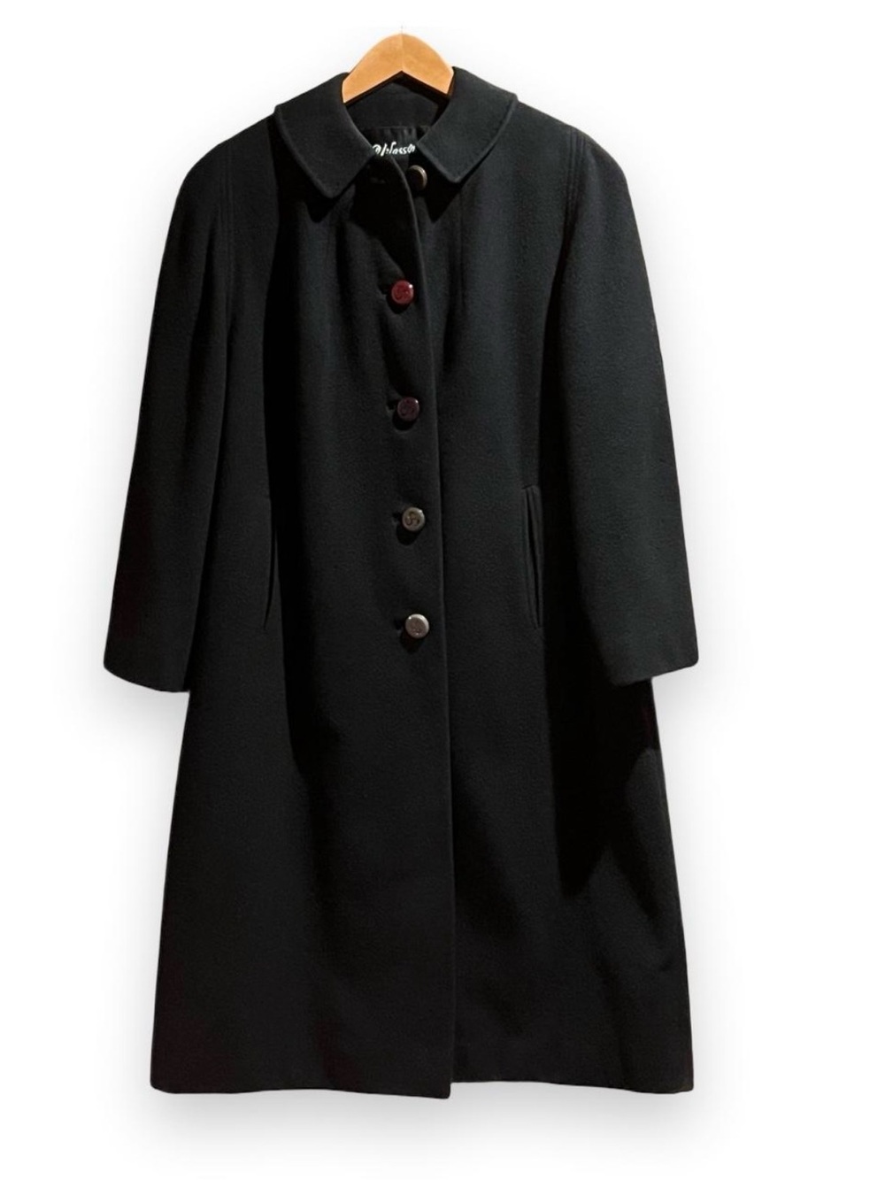 Vintage 1950s H.P. Wasson & Co. Black Cashmere Swing Coat W/Bakelite Buttons